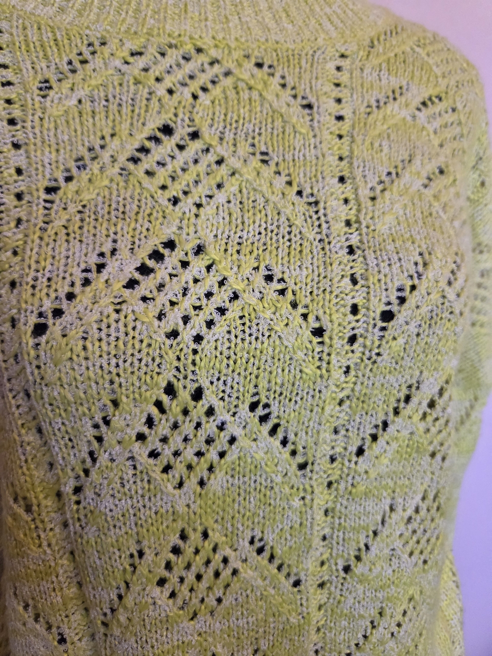 Cleo Open-Knit Crewneck Sweater in Green & Yellow Size Large - Picture 4 of 8